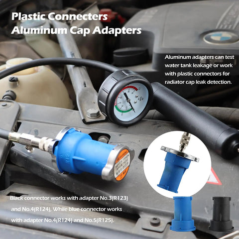 Top Shelf Coolant Pressure Tester Kit With 27 Heavy Duty Adapters For No Sweat Radiator System Leak Detection And Smooth Cooling Circuit Pressure Testing For Tesla Porsche Models with plastic connectors and cap adapters.