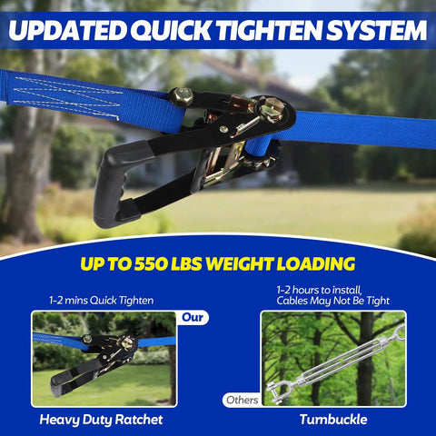 Close-up of quick tighten system for 100 Ft Zip Line Kit For Kids And Adults Up To 400 Lbs with heavy-duty ratchet.