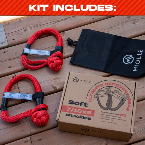 Spectra Fiber Soft Shackle Recovery 7/16 By 6 Inch, 38,300 Lbs MBS with braided sleeve and storage bag on wooden surface