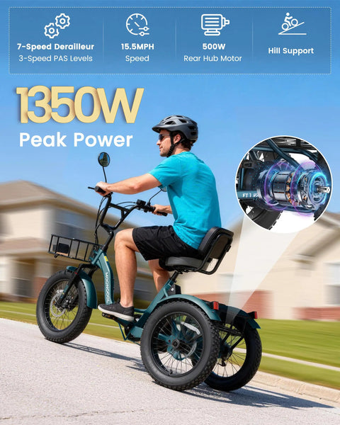 Adult Electric Trike With 20 Inch Fat Tires, 7 Speed Folding Tricycle, 500W Rear Hub Motor, Smooth Power And Stable Handling For Everyday Errands, Comfy Ride, Easy Fold Design For Convenient Storage riding on street