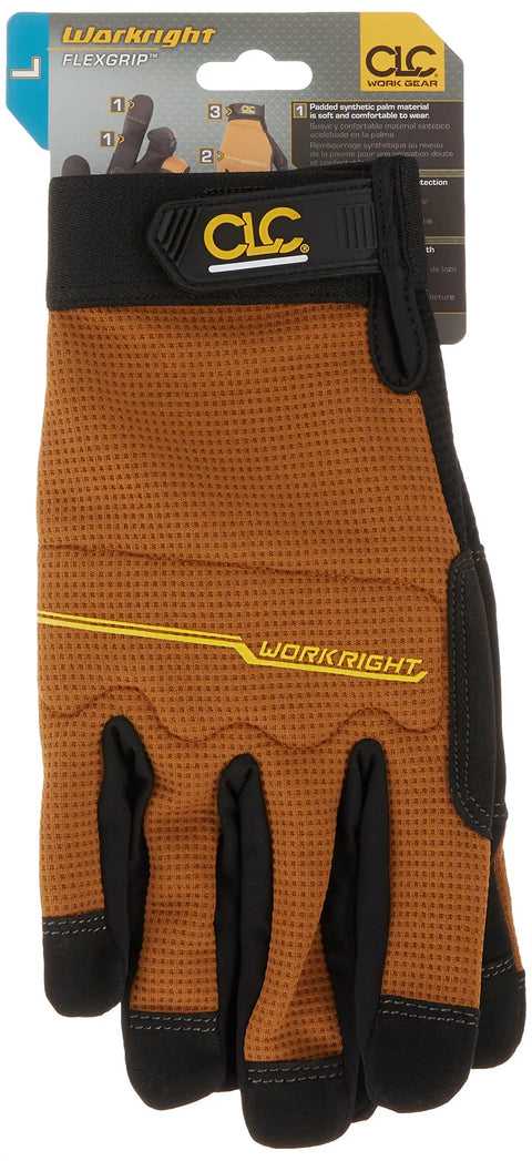 Flex Grip Work Gloves With Shrink Resistant Synthetic Leather For Tough Outdoor Jobs Improved Dexterity Stretchable Durable Fit Excellent Grip Assorted Sizes displayed with packaging