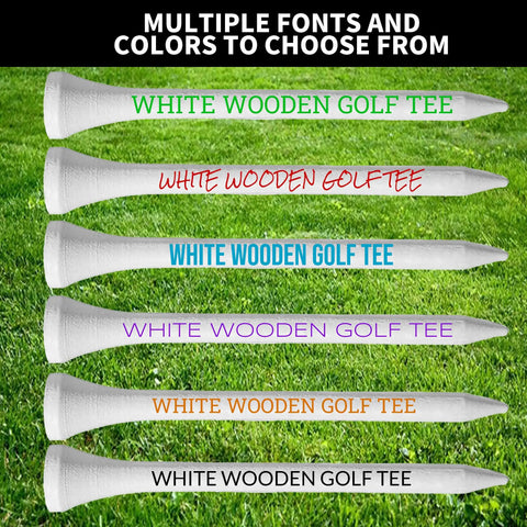 Custom Wooden Golf Tees Pack, Personalized Tees Printed With Your Name Or Text Logo in various fonts and colors, shown on grass