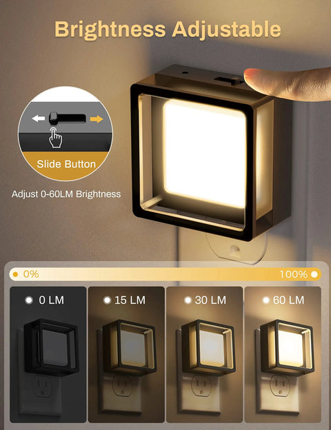 Plug In Wall Night Light Four Pack With Dusk To Dawn Sensor, showing adjustable brightness levels, soft white 3000K.