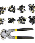32 Pairs High Heel Tips Replacement Caps Kit For Women Pro Grade Durable TPU Iron Caps Nonslip Wearproof With 8 Sizes From 8 To 12.5 mm Stiletto Removal Pliers Dowels Repair Tool Set Easy Install displayed with pliers.