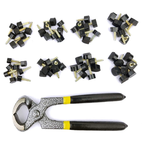 32 Pairs High Heel Tips Replacement Caps Kit For Women Pro Grade Durable TPU Iron Caps Nonslip Wearproof With 8 Sizes From 8 To 12.5 mm Stiletto Removal Pliers Dowels Repair Tool Set Easy Install displayed with pliers.