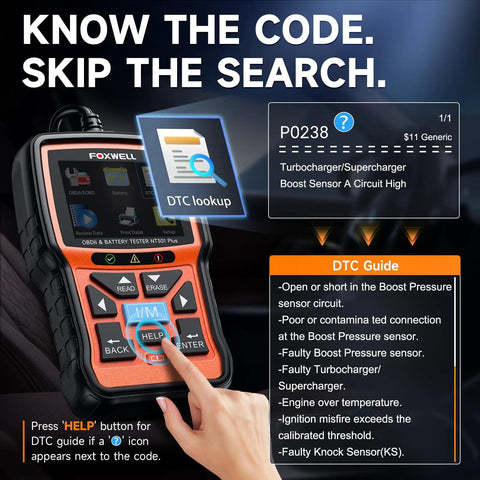 NT301 Plus 2 In 1 OBD2 Scanner And Battery Tester displays error code P0238 with DTC guide and user interface.