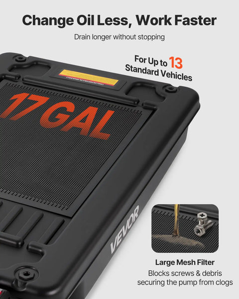 Low Profile Oil Drain Pan 17 Gallon Tank With Electric Pump And Flex Hose For Trucks Atvs Leak Proof Fluid Extractor showing mesh filter.