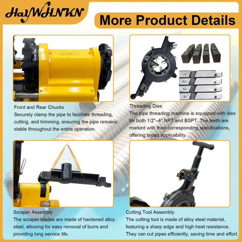 Straight Up Heavy Duty Workhorse Electric Pipe Threader And Cutting Tool 1 2 To 4 Inch NPT BSPT Die Set 220V 750W Solid Rig with chucks and threading dies.