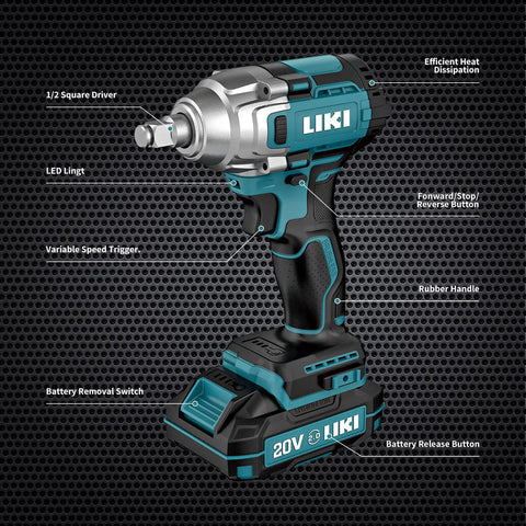 1/2 Inch Brushless Cordless Impact Wrench Kit With 300 Ft Lb High Torque And 3000 RPM, 20V Power, shown with labeled features