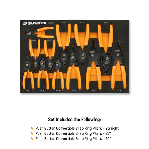 12 Piece Convertible Push Button Snap Ring Pliers Set With Foam Tray Includes 0.038 In 0.047 In 0.07 In 0.09 In Tips