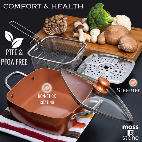 Copper Chef 5 Piece Nonstick Copper Cookware Set with deep fry basket, steamer rack, and square pan displayed with vegetables.