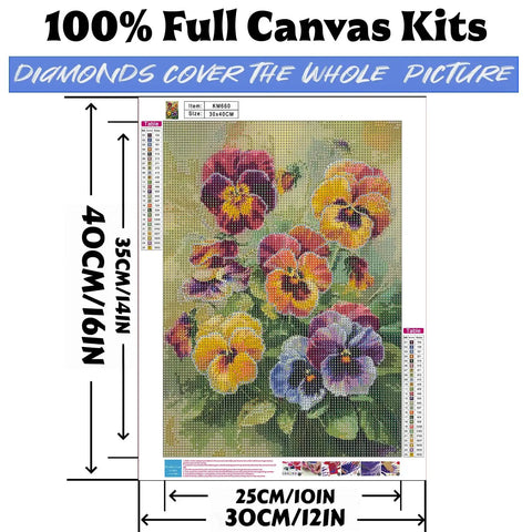 Flower Diamond Art Kit For Adults 5D Diamond Painting Set For Beginners with image of 12x16 inch full canvas and vivid pansies