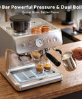 Heavy Duty Dual Boiler Espresso Machine With Built In Grinder And 20 Bar Pressure For Ridiculously Smooth Shots Featuring Pid Temp Control and two shots brewing.