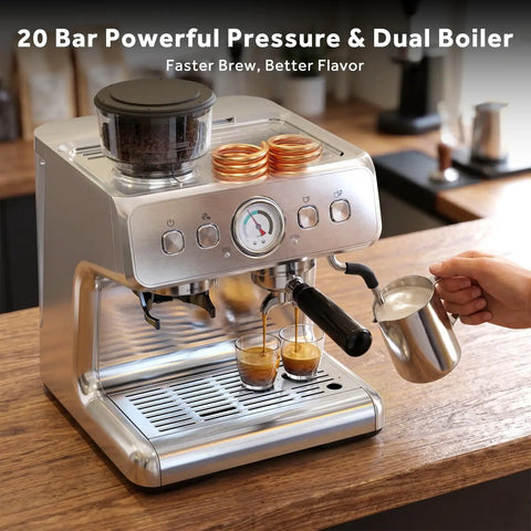 Heavy Duty Dual Boiler Espresso Machine With Built In Grinder And 20 Bar Pressure For Ridiculously Smooth Shots Featuring Pid Temp Control and two shots brewing.