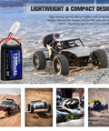 2S 7.4V 1200mAh LiPo RC Battery With PH2.0 Plug next to 1/24 scale off-road vehicle on sand, showcasing lightweight design
