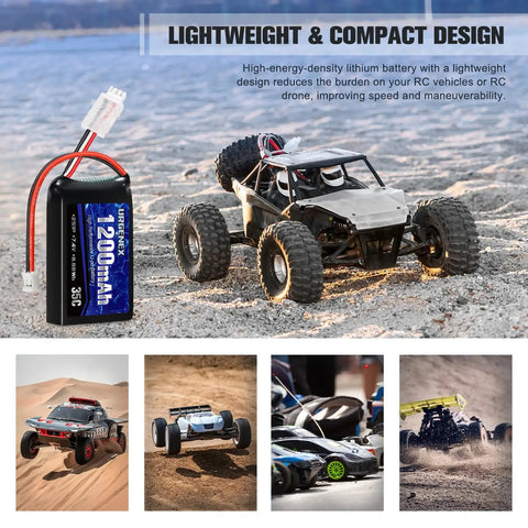 2S 7.4V 1200mAh LiPo RC Battery With PH2.0 Plug next to 1/24 scale off-road vehicle on sand, showcasing lightweight design