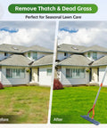 74 Inch Heavy Duty Metal Dethatcher Rake With Hardened Steel Tines For Quick Lawn Thatch And Dead Grass Removal next to house