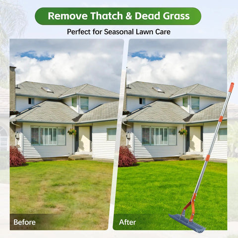 74 Inch Heavy Duty Metal Dethatcher Rake With Hardened Steel Tines For Quick Lawn Thatch And Dead Grass Removal next to house