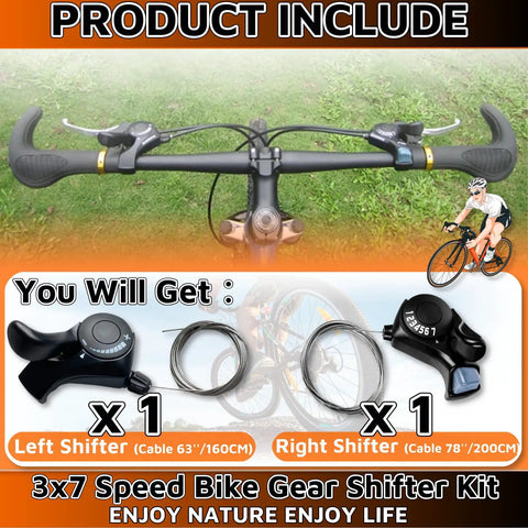 3x7 Speed Bike Shifter Set With TX-30 Levers Pair showing left and right shifters with cables displayed on bike handlebars