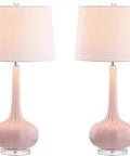 Pink Glass Teardrop LED Table Lamps Set of 2 for Living Room Bedroom and Nightstand with White Linen Shade Modern Transitional Bedside Desk Lamps Energy Saving Bulbs Included.