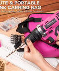 Pink Cordless Drill Kit For Women, 20V Lithium-Ion Power Drill With 67Pcs Driver Bits, pink carrying bag