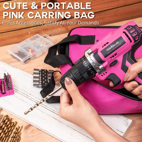 Pink Cordless Drill Kit For Women, 20V Lithium-Ion Power Drill With 67Pcs Driver Bits, pink carrying bag