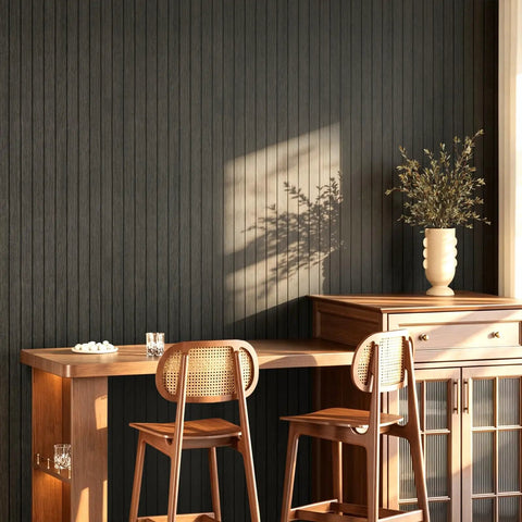 Grey Peel And Stick Wood Wall Panels 3D PVC Wood Slat Wallpaper Renter Friendly 12X197 covering a stylish bar area.