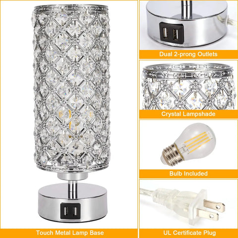 Lit Crystal Table Lamp Set With Dual USB Ports, Touch Control, 3 Way Dimmable Nightstand Lamps, Acrylic Chrome Finish