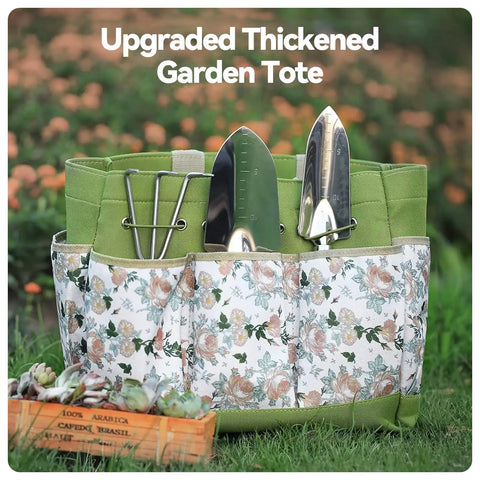 9-Piece Heavy Duty Garden Hand Tools Set With Rust-Proof Stainless Steel Tools And Cool Organizer Tote on grass background