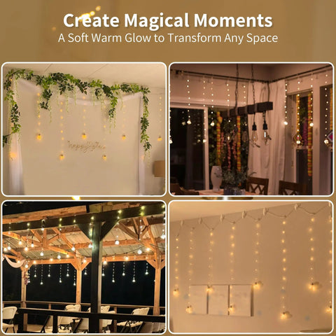 Warm White 200 LED Wishing Ball Window Curtain Lights With Remote USB Battery Powered Twinkle Globe Fairy Lights in cozy settings
