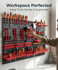 Heavy Duty Wall Mount Pegboard Organizer For Garage And Workshop Featuring Tough Pp Parts Bins Slick Steel Hooks And Knockout Build That Slap Together In Minutes Flat displaying organized tools in a workshop.
