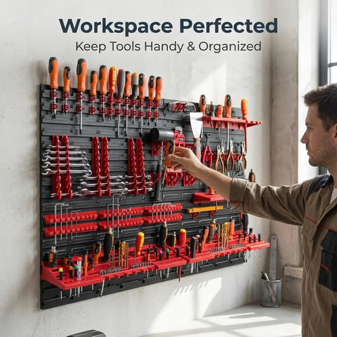 Heavy Duty Wall Mount Pegboard Organizer For Garage And Workshop Featuring Tough Pp Parts Bins Slick Steel Hooks And Knockout Build That Slap Together In Minutes Flat displaying organized tools in a workshop.