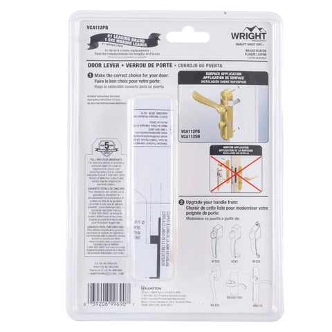 Back packaging of Castellan Surface Lever Latch With Deadbolt For Screen And Storm Doors Polished Brass Night Latch Tech No Lock Out Non Handed For Left Or Right Handed Doors Out Swing Metal And Wood 0.75 To 1.25 Inch Thick