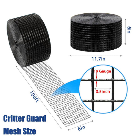 Heavy Duty Solar Panel Bird Guard Mesh 6 Inch By 100 Feet 19 Gauge Pvc Coated Wire Barrier showing roll dimensions and mesh size.