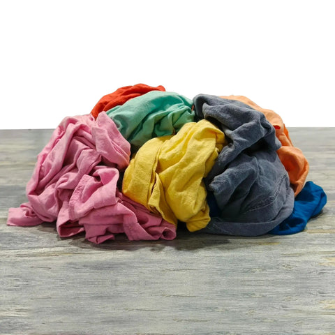 Recycled Color Knit Cleaning Rags Bulk Pack For DIYers And Home Pros, ultra absorbent cotton T shirt rags, multicolor pile on table.