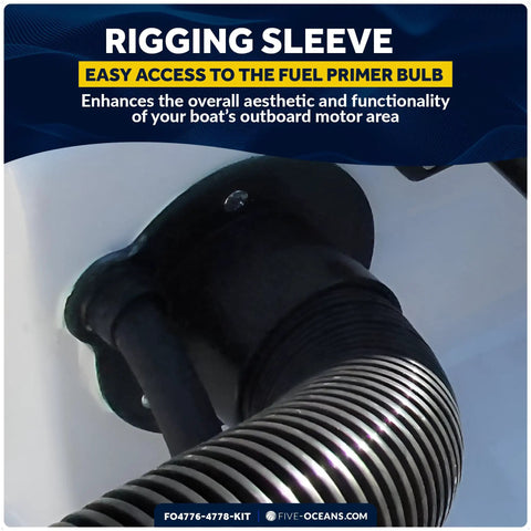 Outboard Rigging Flange Kit With Fuel Hose Port And Hose Union For Boats, black rigging sleeve and cable access tube detail