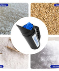 Three Setting Handheld Spreader for Lawn and Garden Fertilizer Grass Seed Salt and Ice Melt with sample materials