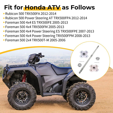 Fit for Honda ATV models showing rear axle shaft and wheel hub pair kit with ATV in the background for TRX500 series.
