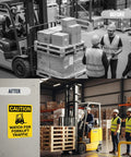 Built Like A Tank Heavy Duty Caution Watch For Forklift Traffic Safety Sign Rust Resistant Outdoor Aluminum Warning Plaque Easy Screw Mounting displayed on wall near forklift.