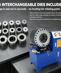 Top Tier 220V Electric Hydraulic Hose Crimper For Auto And Shop Use Covers 1/5 To 4 Inch Tubes Includes 14 Interchangeable Dies on a workbench.