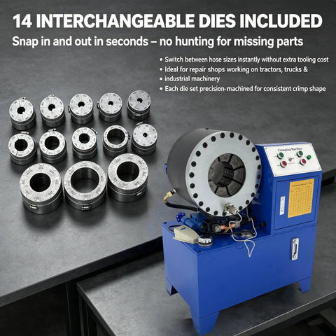 Top Tier 220V Electric Hydraulic Hose Crimper For Auto And Shop Use Covers 1/5 To 4 Inch Tubes Includes 14 Interchangeable Dies on a workbench.
