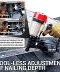 Lightweight Pneumatic Roofing Nailer 15 Degree Coil Nail Gun slides between rafters with tool-less nailing depth adjustment.