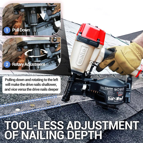 Lightweight Pneumatic Roofing Nailer 15 Degree Coil Nail Gun slides between rafters with tool-less nailing depth adjustment.