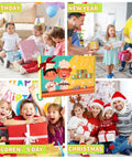 46-piece kids knife set toy for pretend cooking with cutting board; kid-safe plastic knives; collage of birthday and holiday scenes