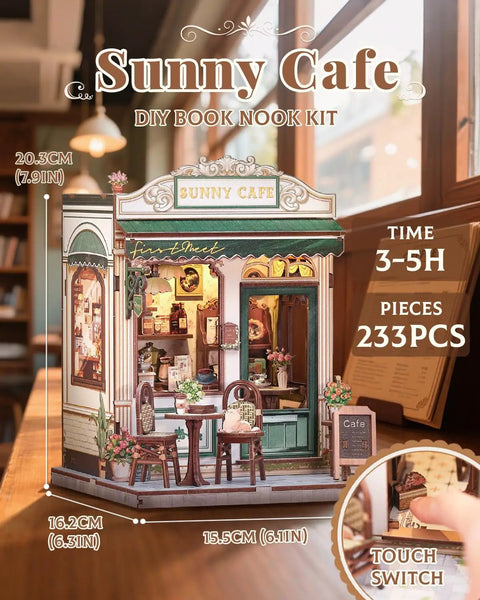 Sunny Cafe Book Nook Kit DIY Cozy Miniature House For Adults And Teens With LED Light Book Nook Shelf Decor close-up view