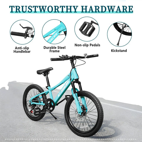 Kid Friendly Mountain Bike 20/24 Inch With 7 Speeds, Suspension Fork, Dual Disc Brakes, Mint Green Durable Steel Frame