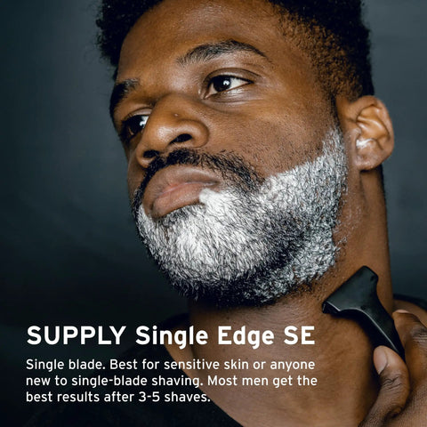 Man shaving with Single Edge SE Blade Refills For Men 8 Pack Japanese Made Stainless Steel Injector Razor Blades For Daily Shaves
