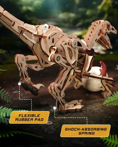 3D Velociraptor Wooden Puzzle Kit For Adults And Teens With 106 Pieces Realistic Gear Transmission System For Dynamic Two Legged Dino Build, wooden model with rubber pad and spring