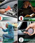 Roadside Emergency Kit For Cars With Jumper Cables Safety Hammer And Reflective Warning Triangle All In One, showcasing safety tools in use