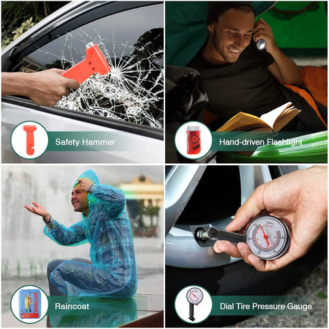 Roadside Emergency Kit For Cars With Jumper Cables Safety Hammer And Reflective Warning Triangle All In One, showcasing safety tools in use